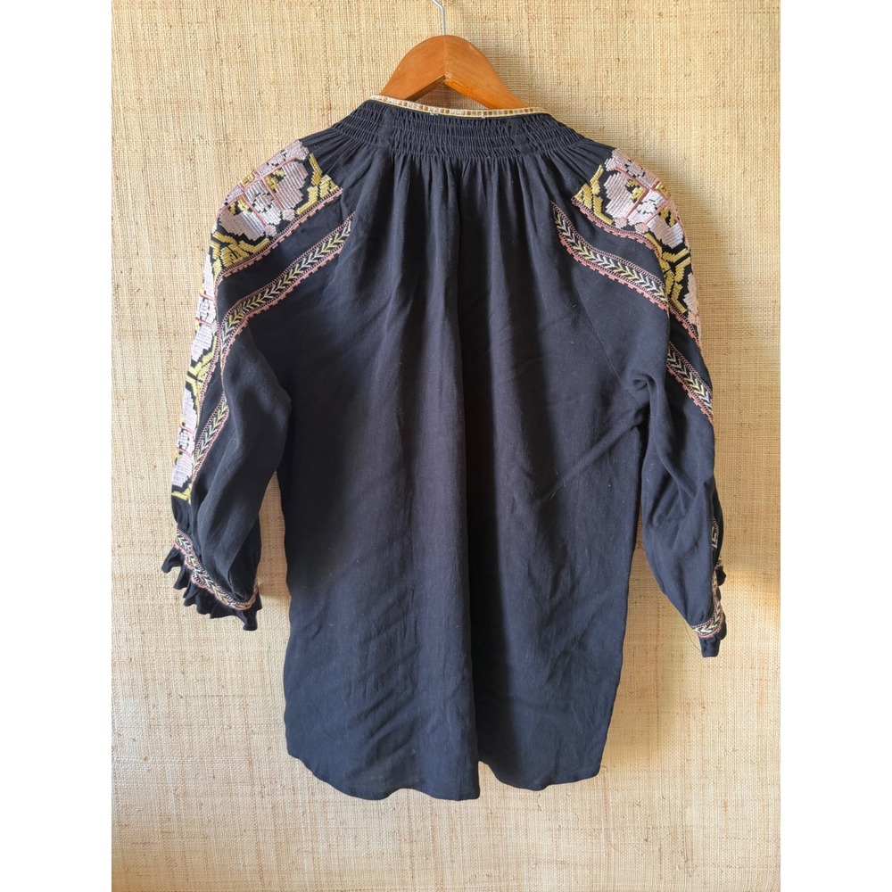 Hummingbird Black Embroidered Boho Peasant Blouse Tassel Tie S HT10991H - Picture 2 of 9
